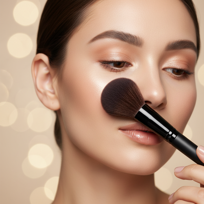 Woman applying powder with large brush – beauty lifestyle shot