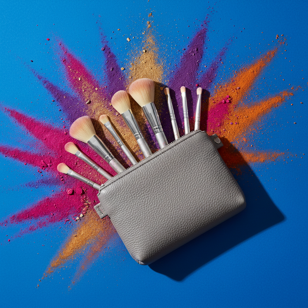 Brush set on cobalt blue background with colorful eyeshadow swatches