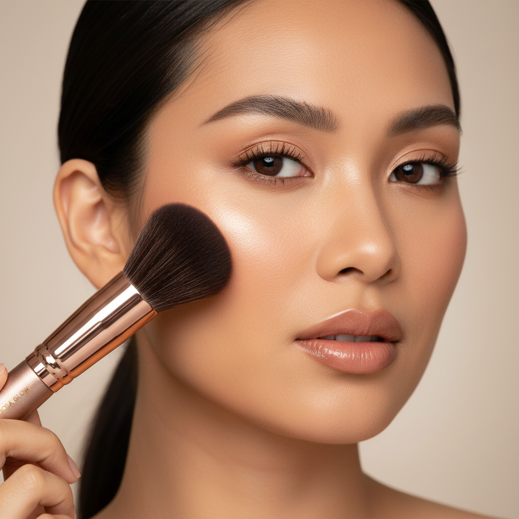 Model using rose gold powder brush on cheekbones