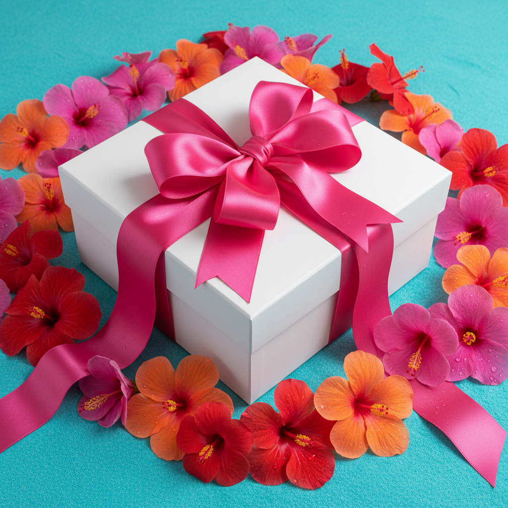 White gift box with fuchsia bow on turquoise with tropical hibiscus flowers