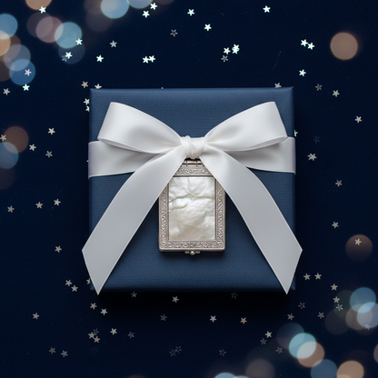 Compact mirror gift wrapped with white ribbon on navy blue background