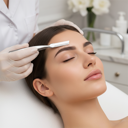 Woman shaping eyebrows with dermaplaning razor – beauty lifestyle