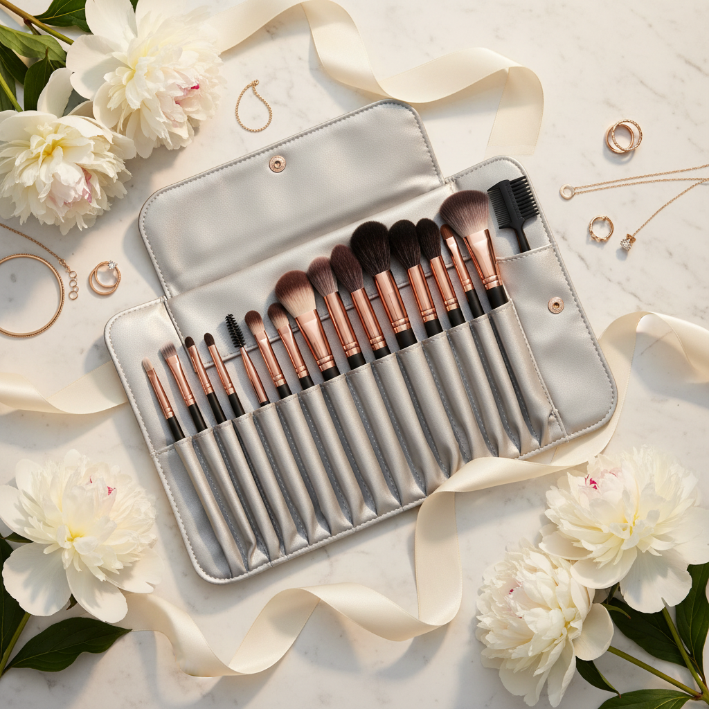 15-piece brush set – white marble floral flatlay