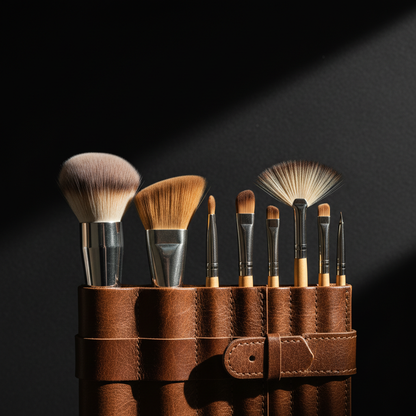 Macro close-up of 8 professional makeup brush heads on charcoal background