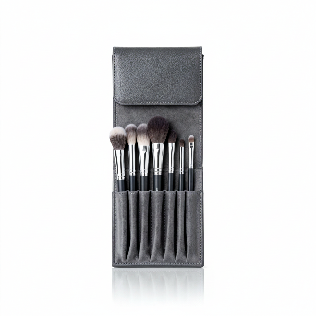 7-piece makeup brush set in gray case standing on white background