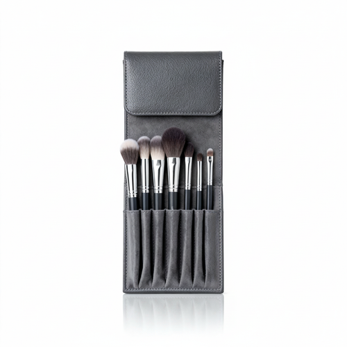 7-piece makeup brush set in gray case standing on white background