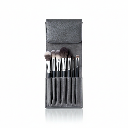 7-piece makeup brush set in gray case standing on white background