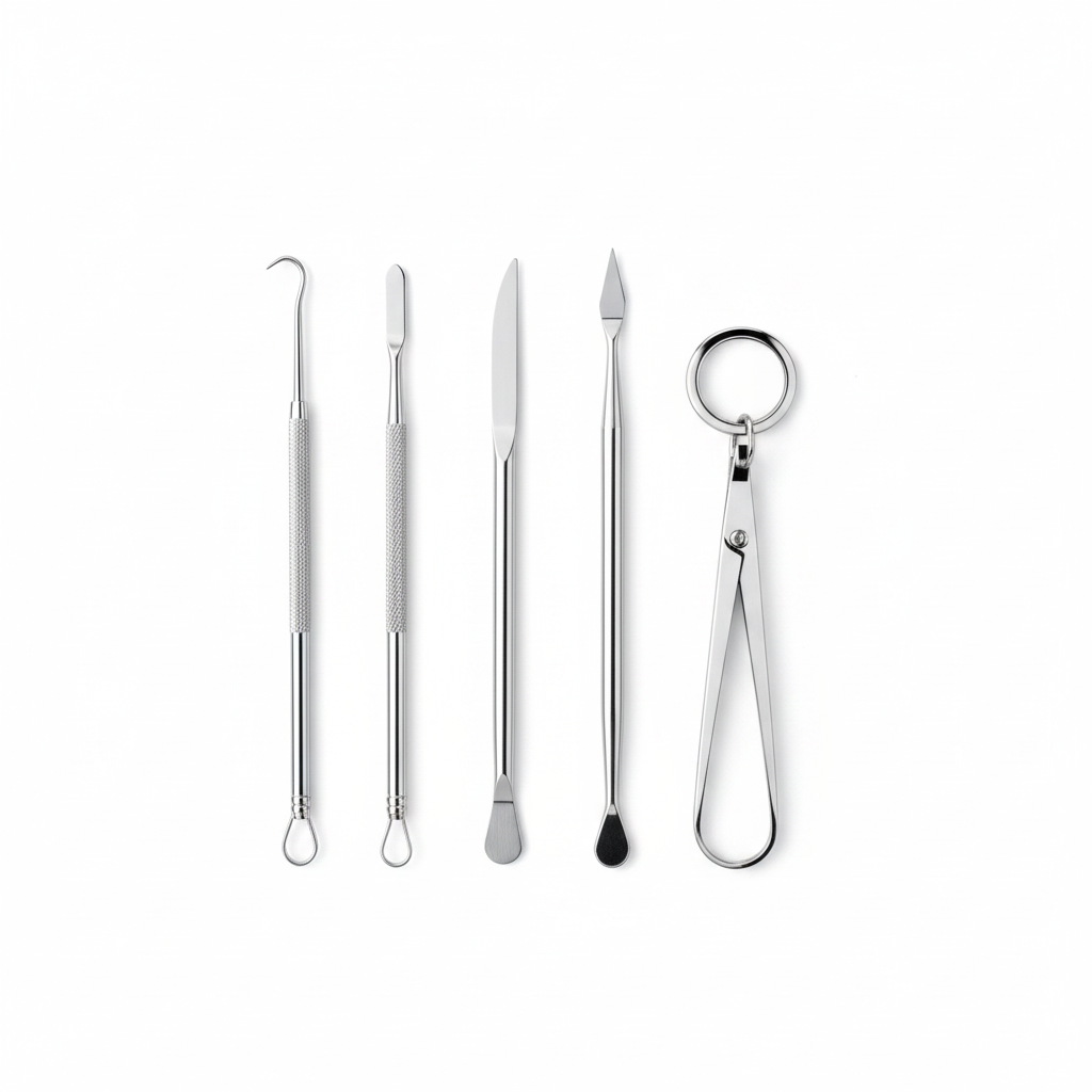 Stainless steel skincare tools white background