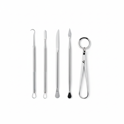 Stainless steel skincare tools white background