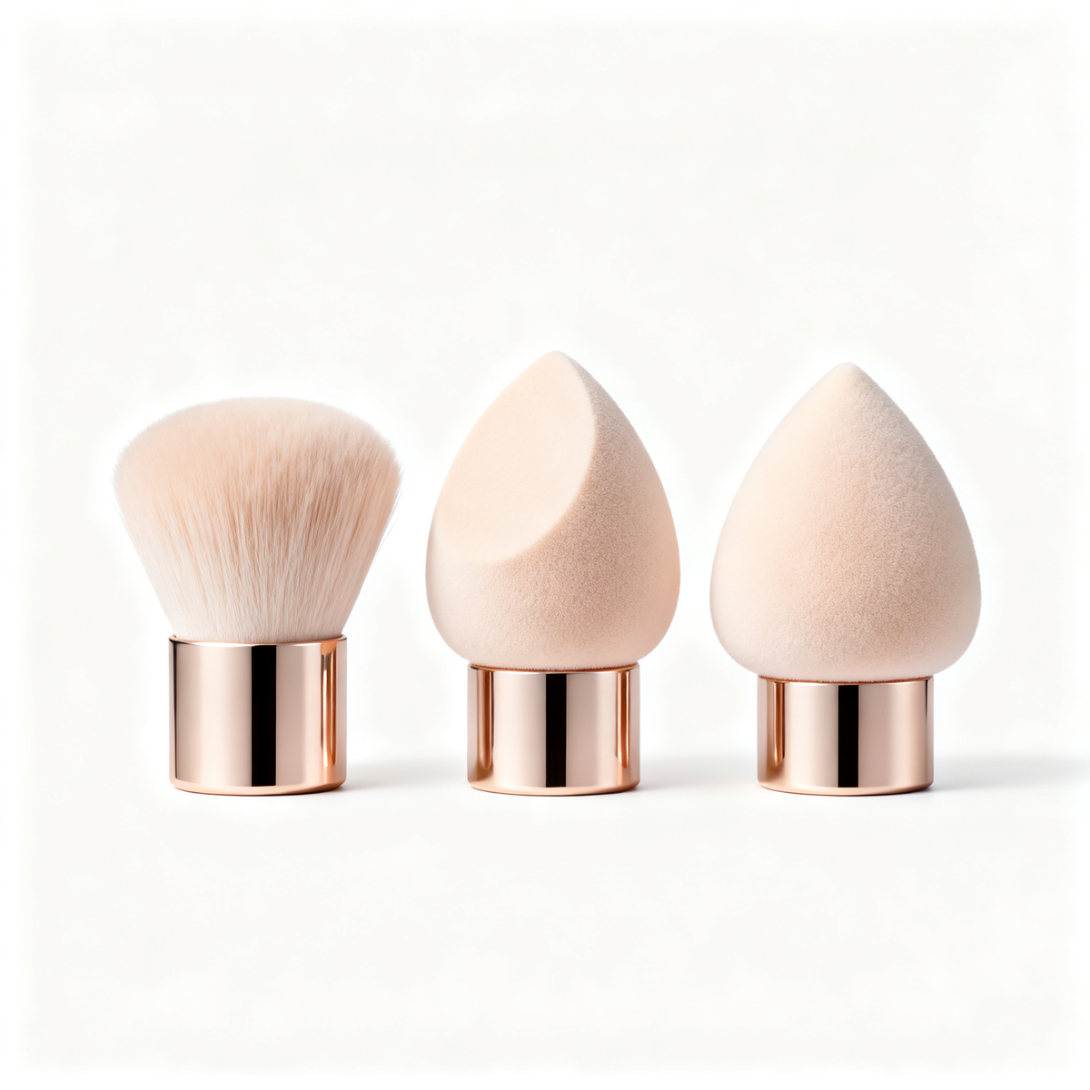 Rose gold 3-piece makeup set: mini kabuki brush and two teardrop beauty sponges