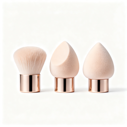 Rose gold 3-piece makeup set: mini kabuki brush and two teardrop beauty sponges