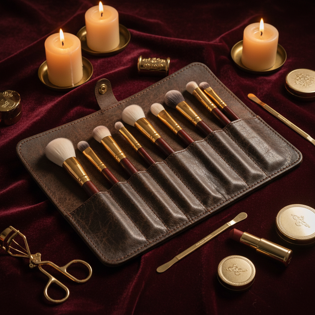Brown leather brush roll on burgundy velvet with gold tools and candlelight