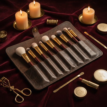 Brown leather brush roll on burgundy velvet with gold tools and candlelight