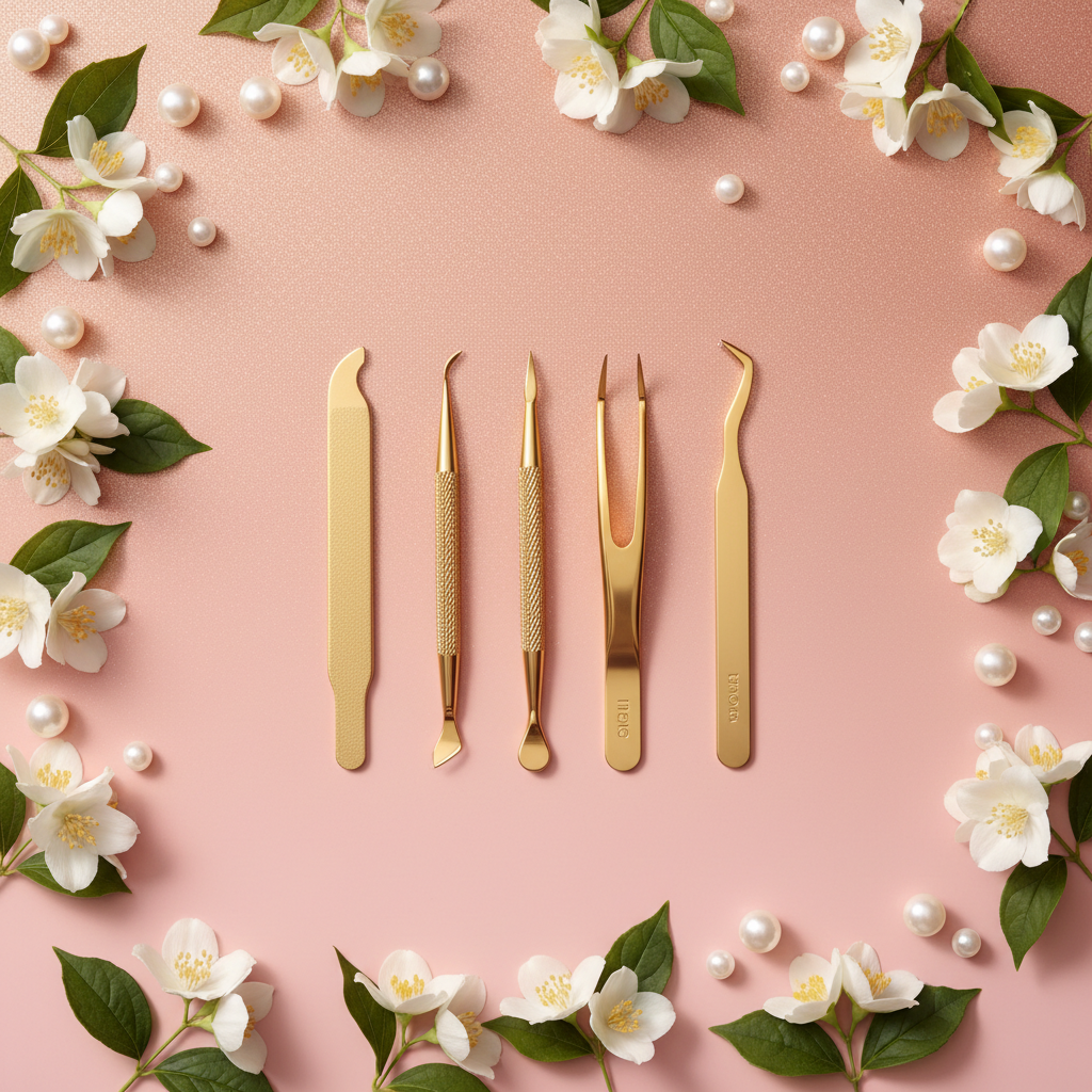 Gold tool set flatlay on rose gold blush ombre with jasmine flowers and pearls