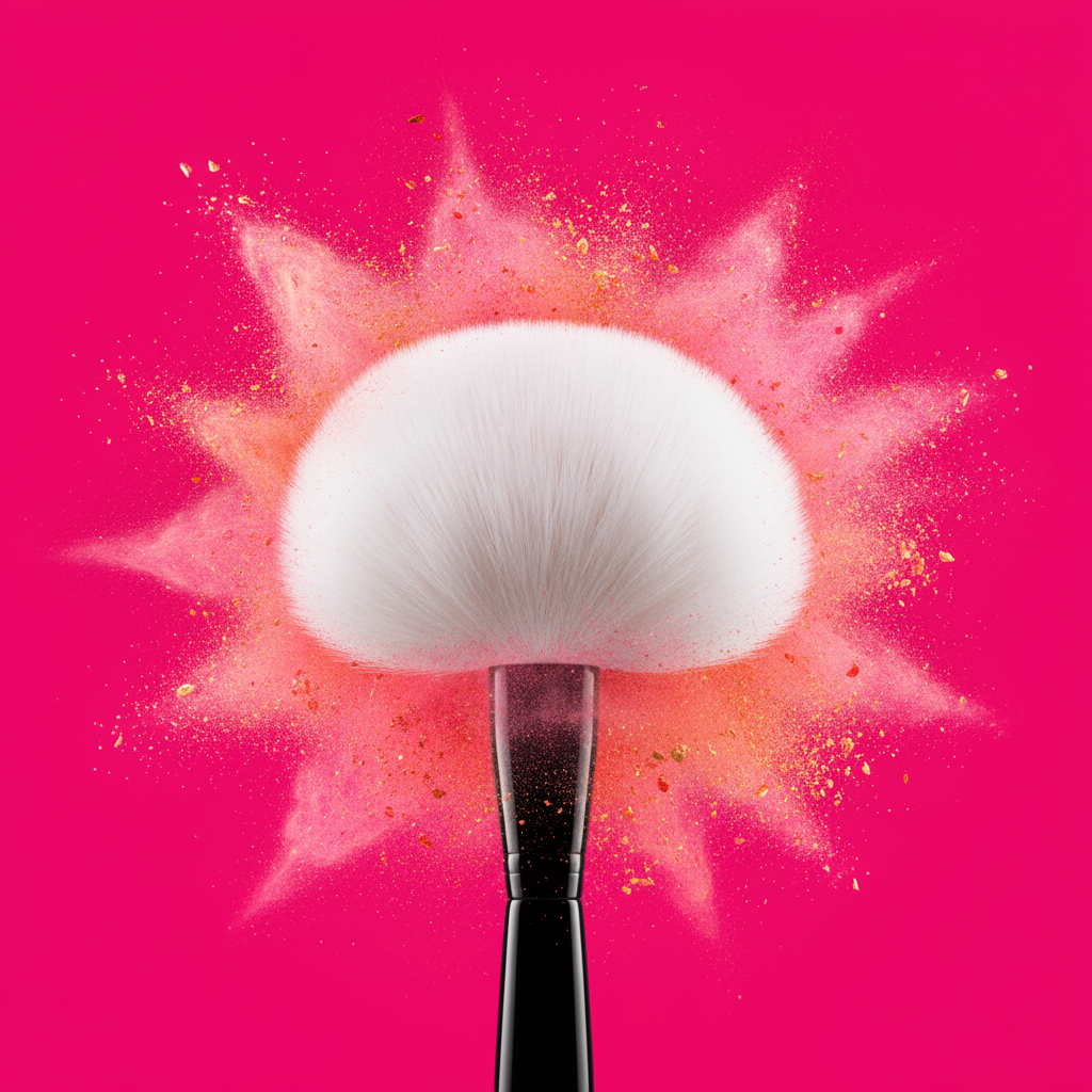 Powder brush with pink powder pigment explosion on hot pink background