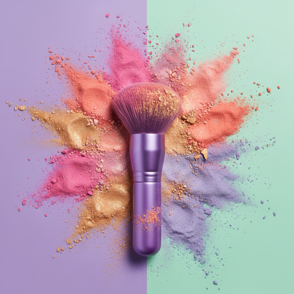 Kabuki brush with colorful makeup powder swatches exploding on lilac background