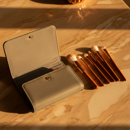 Gray leather brush case open with all 7 brushes on caramel marble