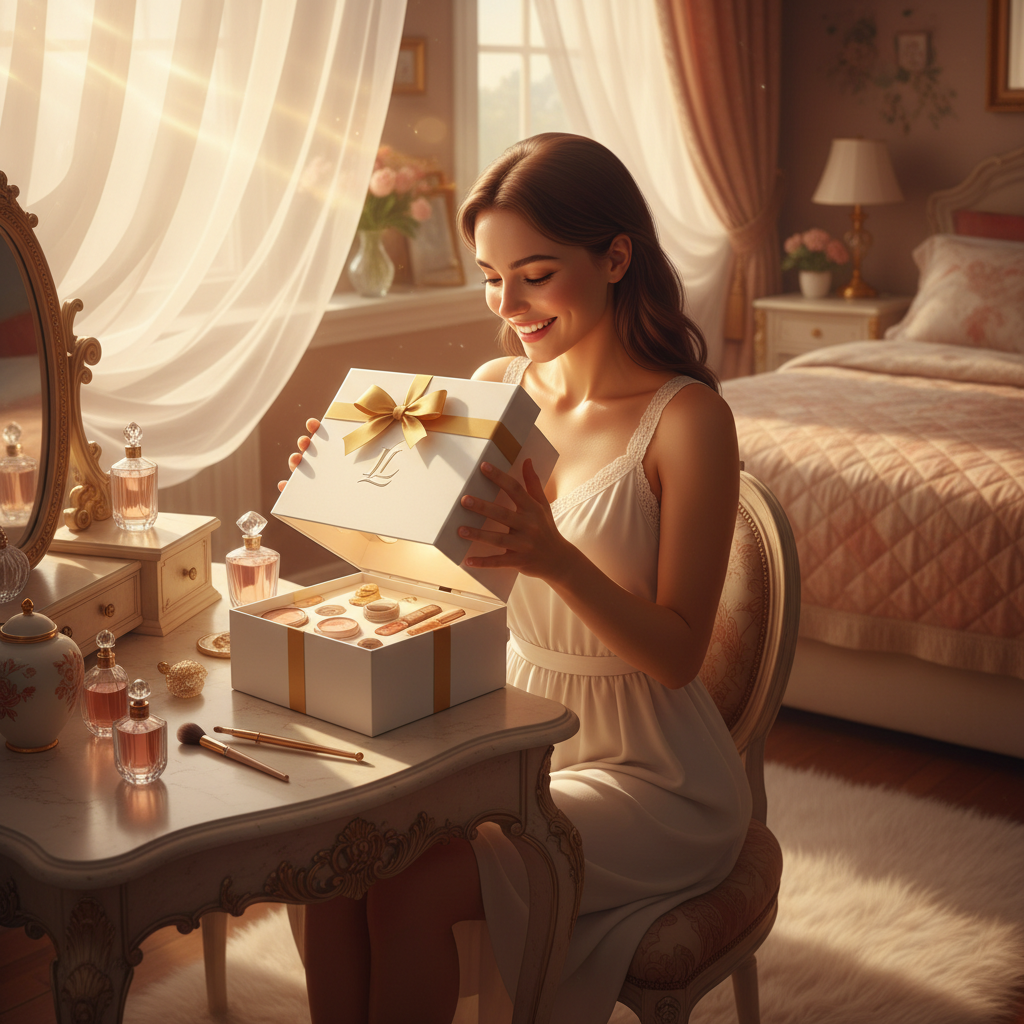 Woman opening white luxury makeup gift box at vanity in golden morning light
