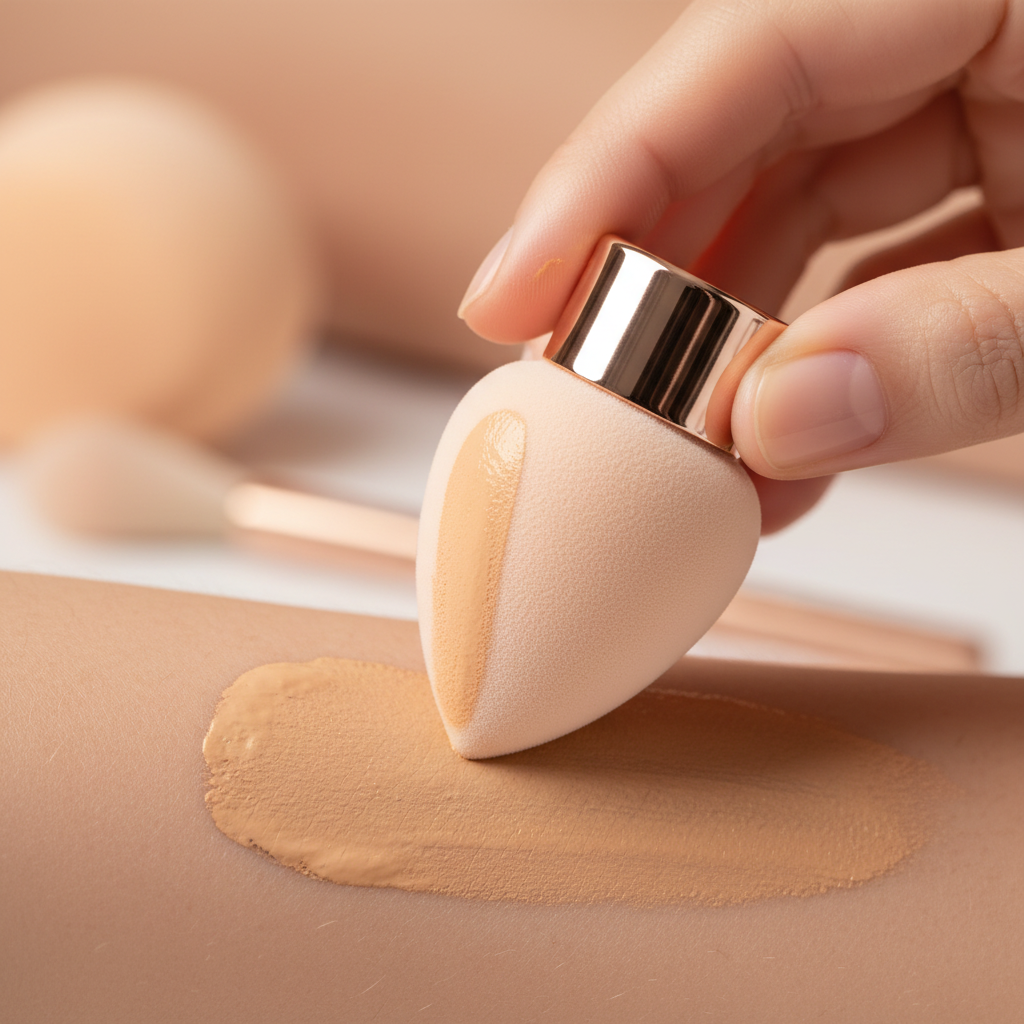 Hand holding rose gold beauty sponge – skin blending macro