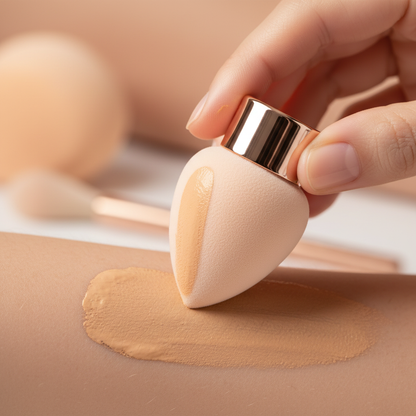 Hand holding rose gold beauty sponge – skin blending macro