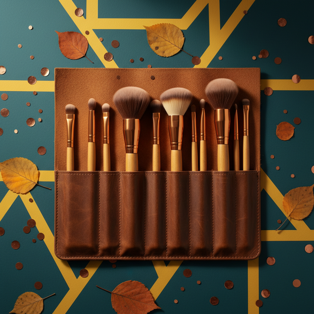 Brush set on teal and mustard geometric background with copper confetti