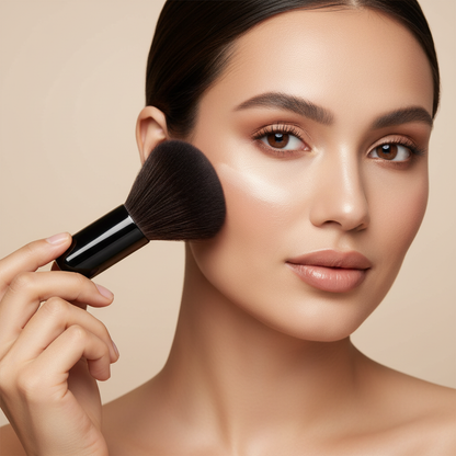 Woman applying powder with kabuki brush – beauty lifestyle shot