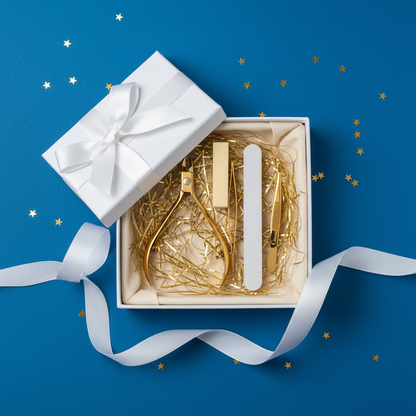 4 gold tools in white gift box on cobalt blue with gold confetti stars
