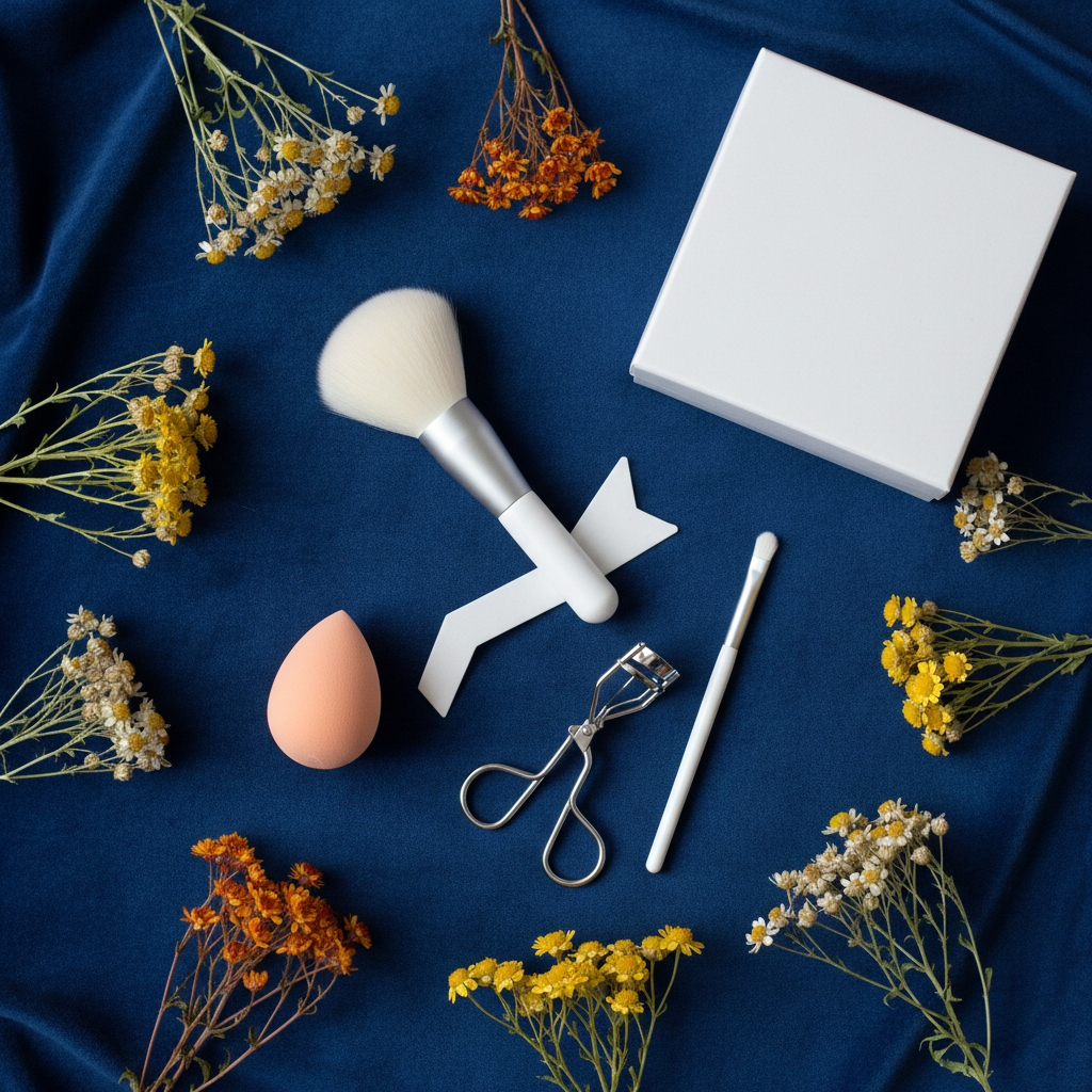 Makeup set contents flat lay on sapphire blue with wildflowers