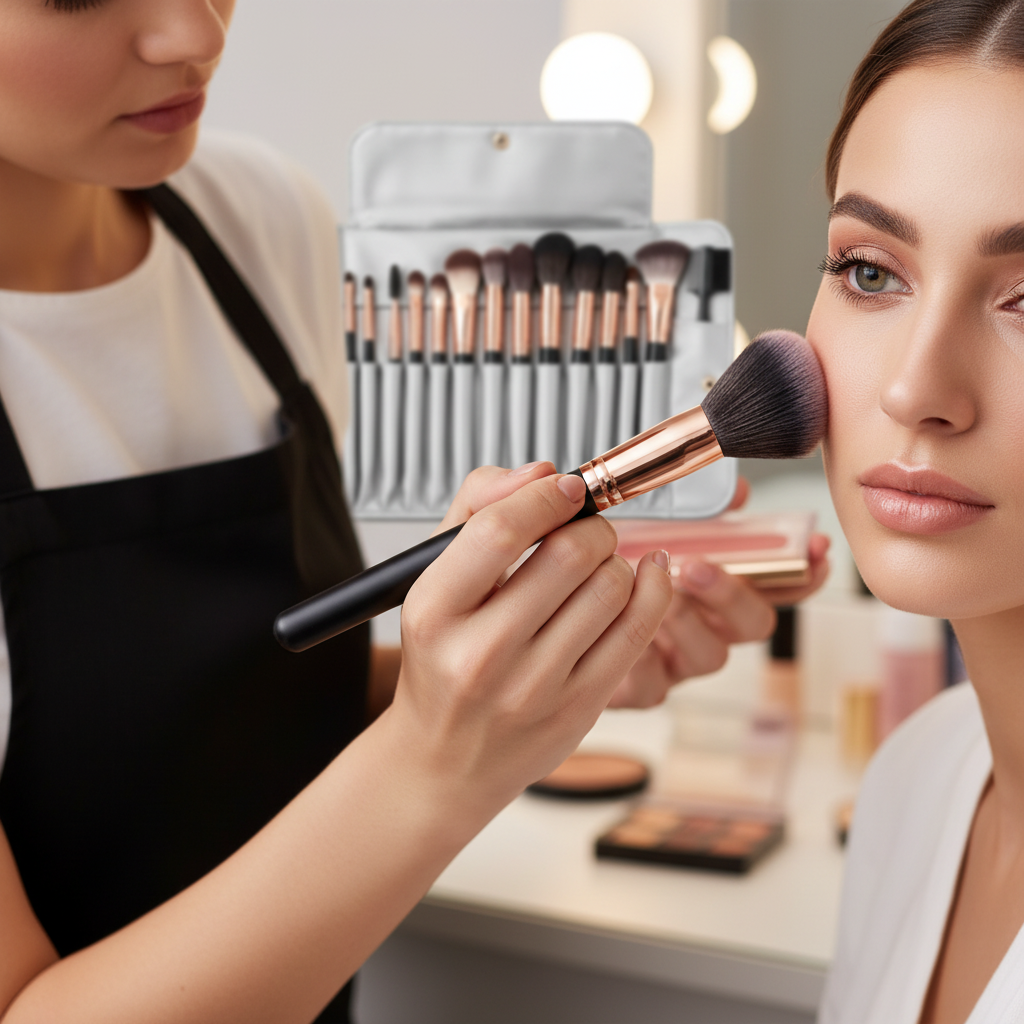 Makeup artist applying blush with brush – beauty lifestyle shot