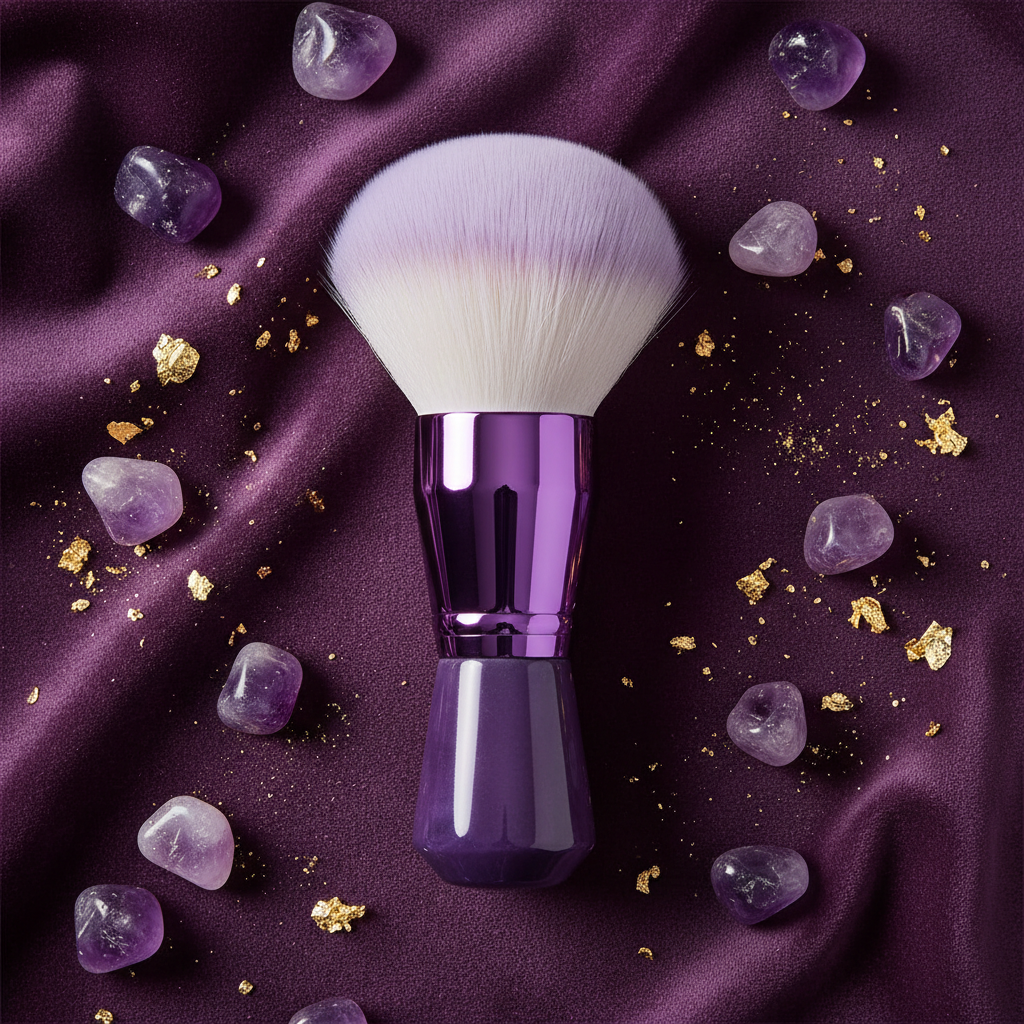 Kabuki brush on deep plum velvet with amethyst crystals and gold flakes