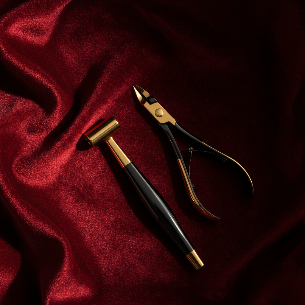 Gold tools on deep burgundy background with amber warm moody lighting