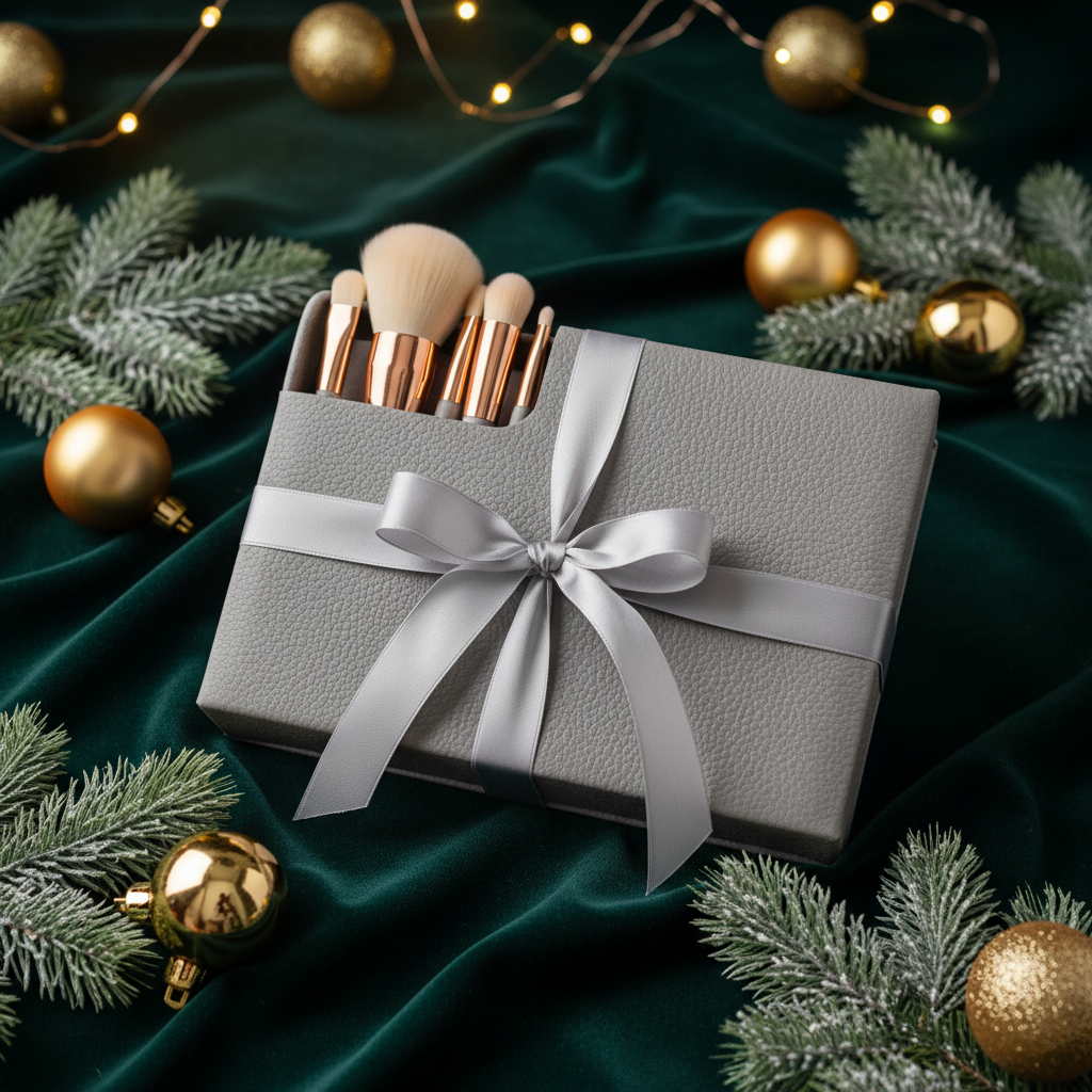 Gray leather brush case gift wrapped with silver ribbon on forest green