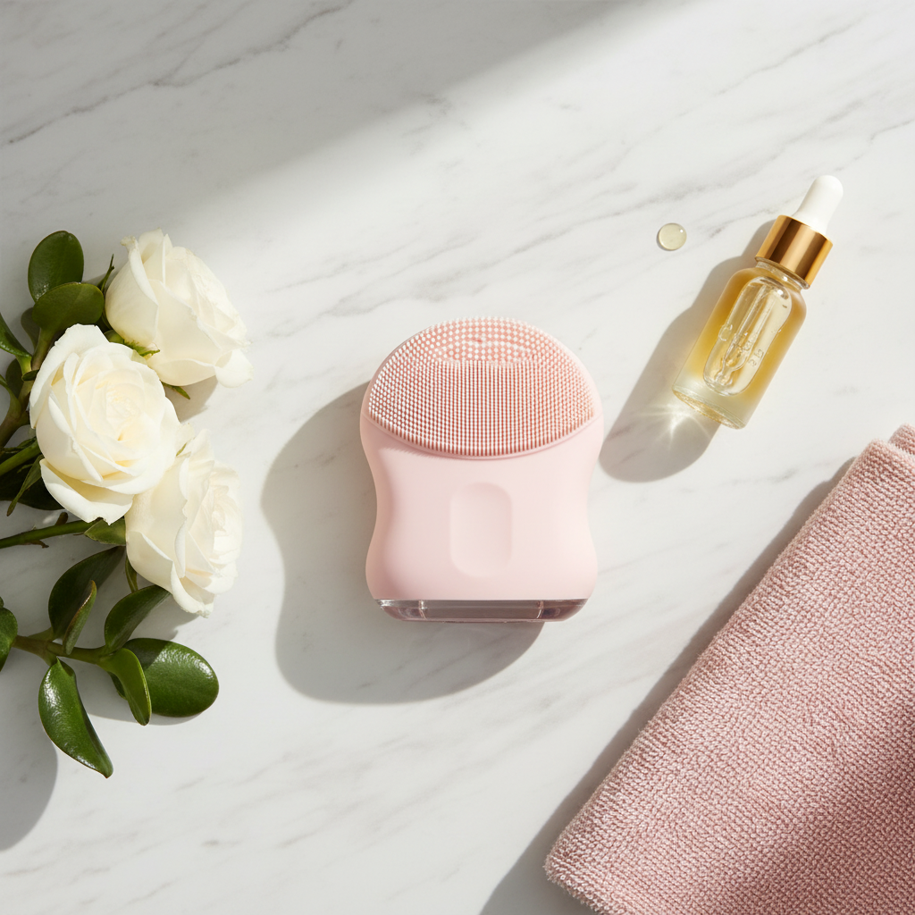 Pink facial brush – white marble rose skincare flatlay