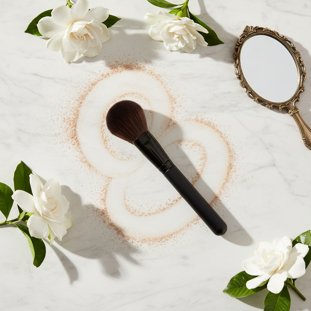Large powder brush – marble gold powder flatlay