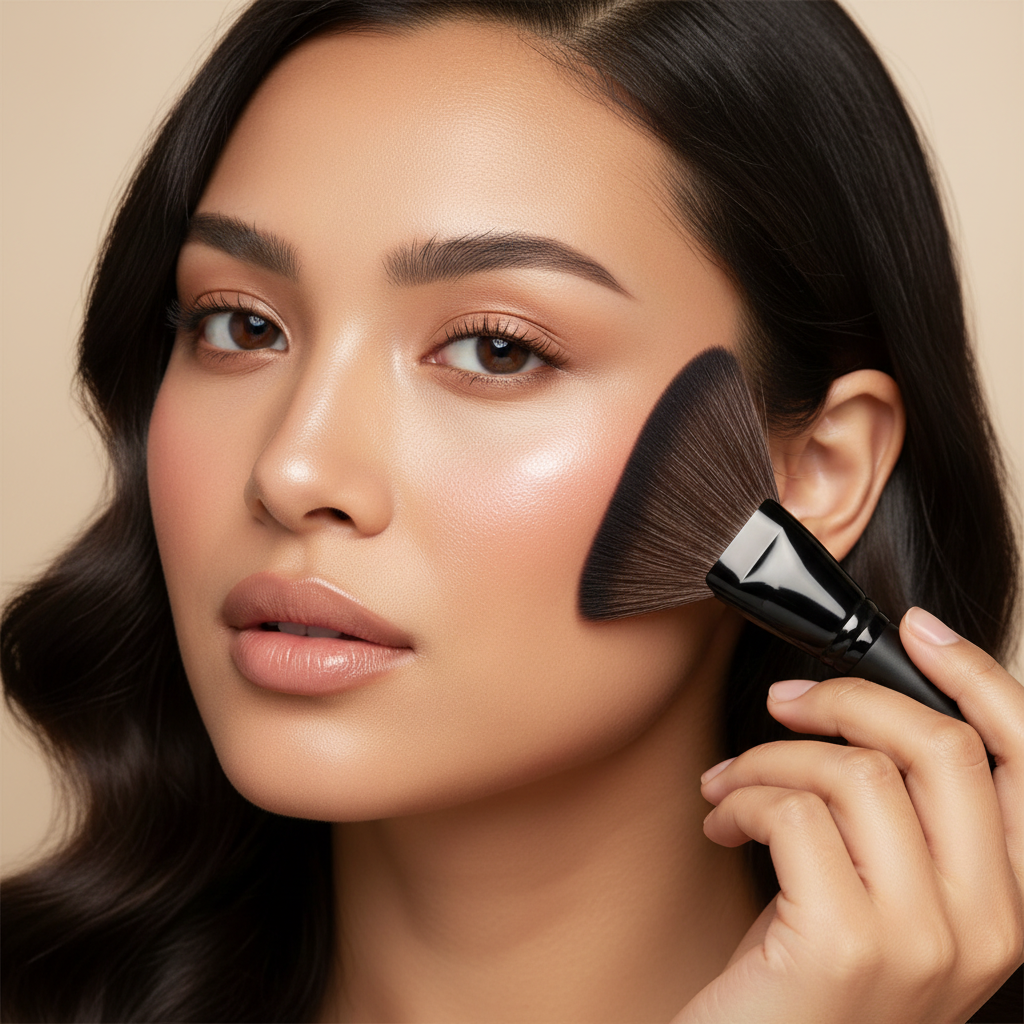 Model applying blush with Pro Angled Fan Brush – lifestyle beauty shot