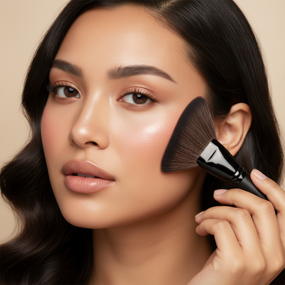 Model applying blush with Pro Angled Fan Brush – lifestyle beauty shot