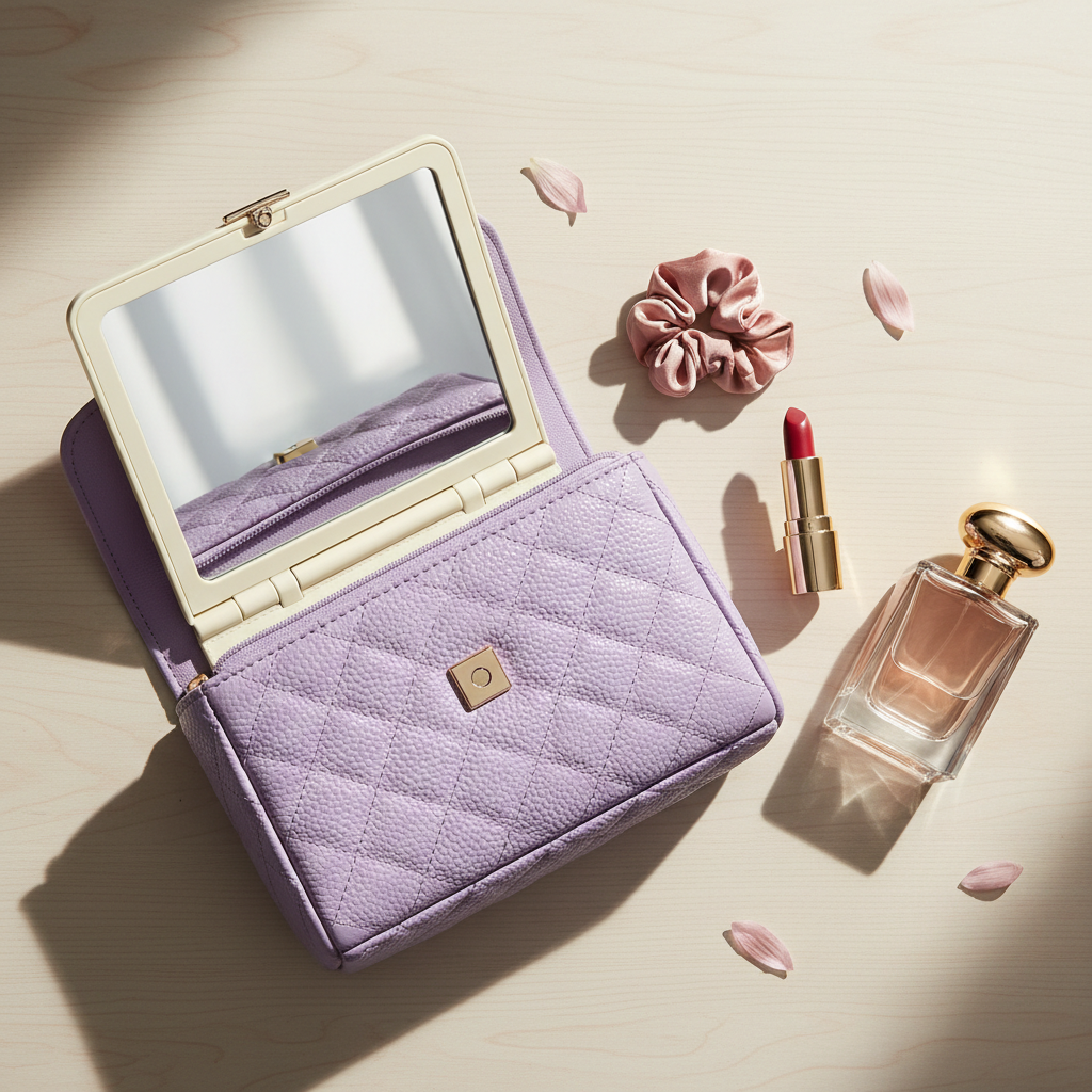 Compact mirror inside lavender handbag lifestyle flatlay