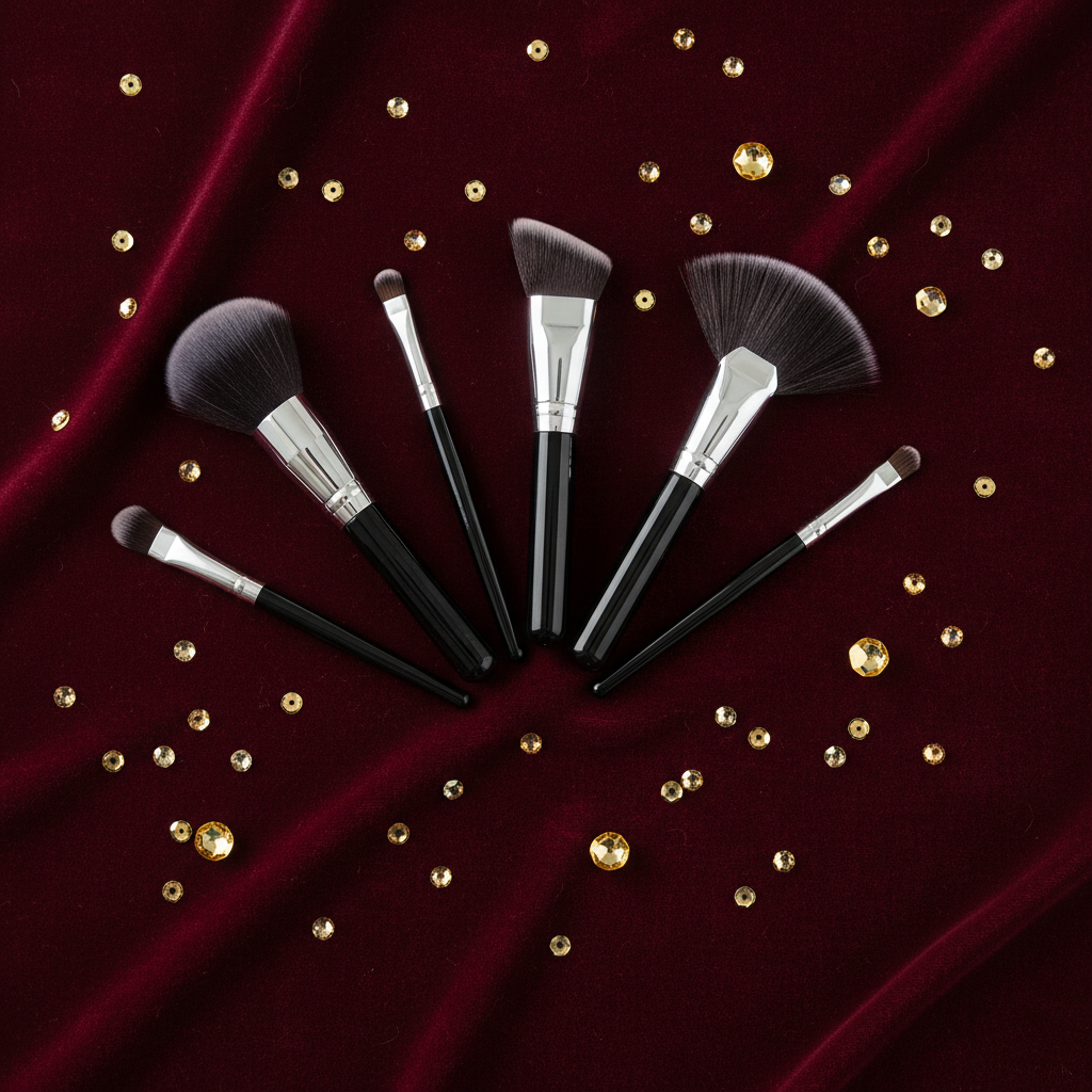 Makeup brushes fanned on burgundy velvet with gold sequins