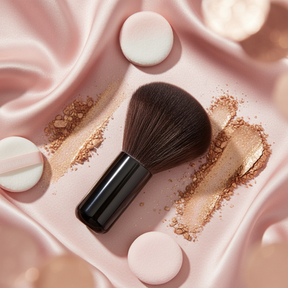 Kabuki brush – blush pink satin powder flatlay