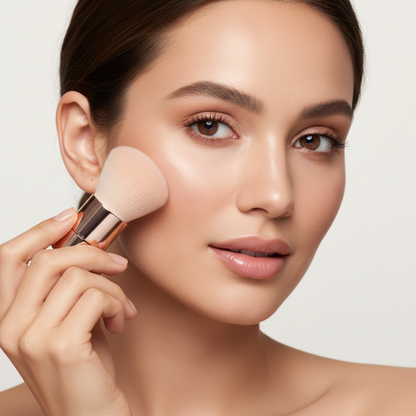 Woman using rose gold mini kabuki brush – beauty lifestyle shot