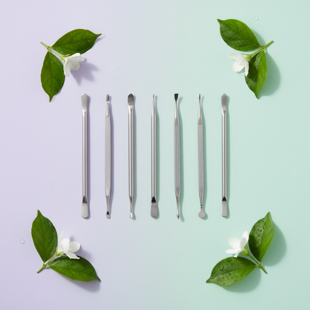 Skincare tools on pastel lilac background with flowers
