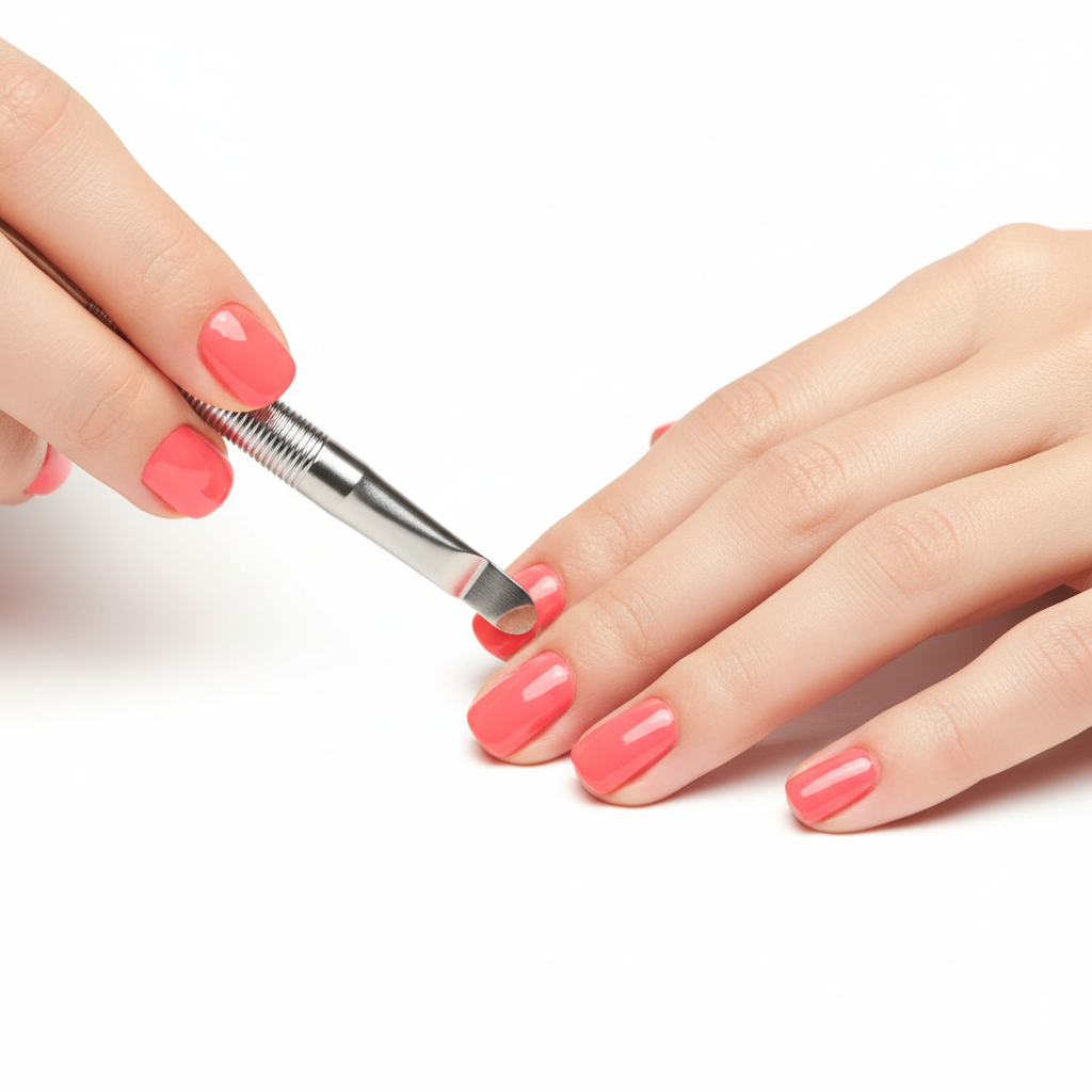 Hands using stainless steel cuticle pusher on coral polished nails