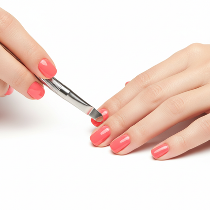 Hands using stainless steel cuticle pusher on coral polished nails