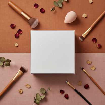 White makeup gift box editorial on terracotta and dusty rose linen background