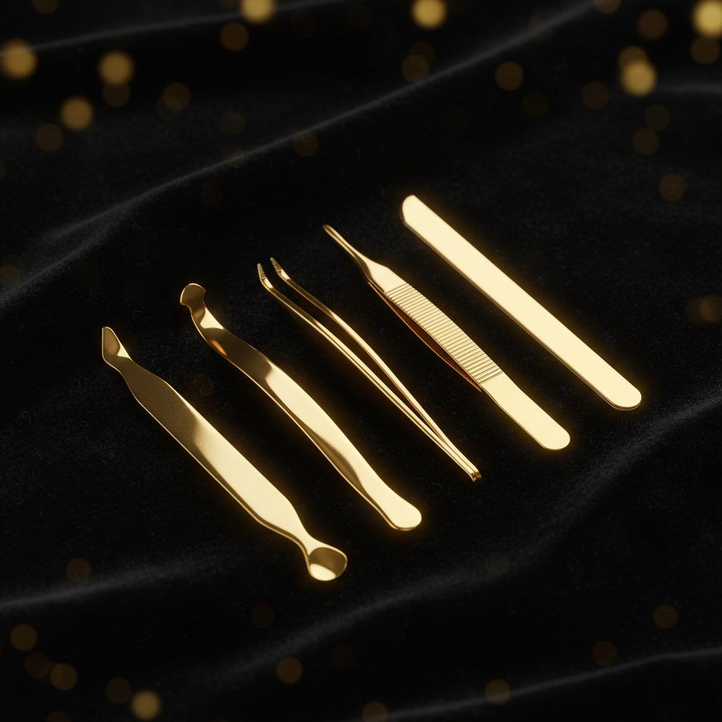 Gold tools on black velvet with spotlight lighting and golden bokeh