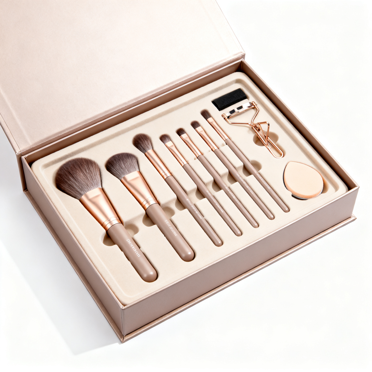 10-piece luxury makeup gift set in premium beige magnetic box with rose gold accents
