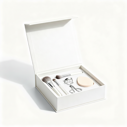 Luxury white makeup gift box open on pure white background