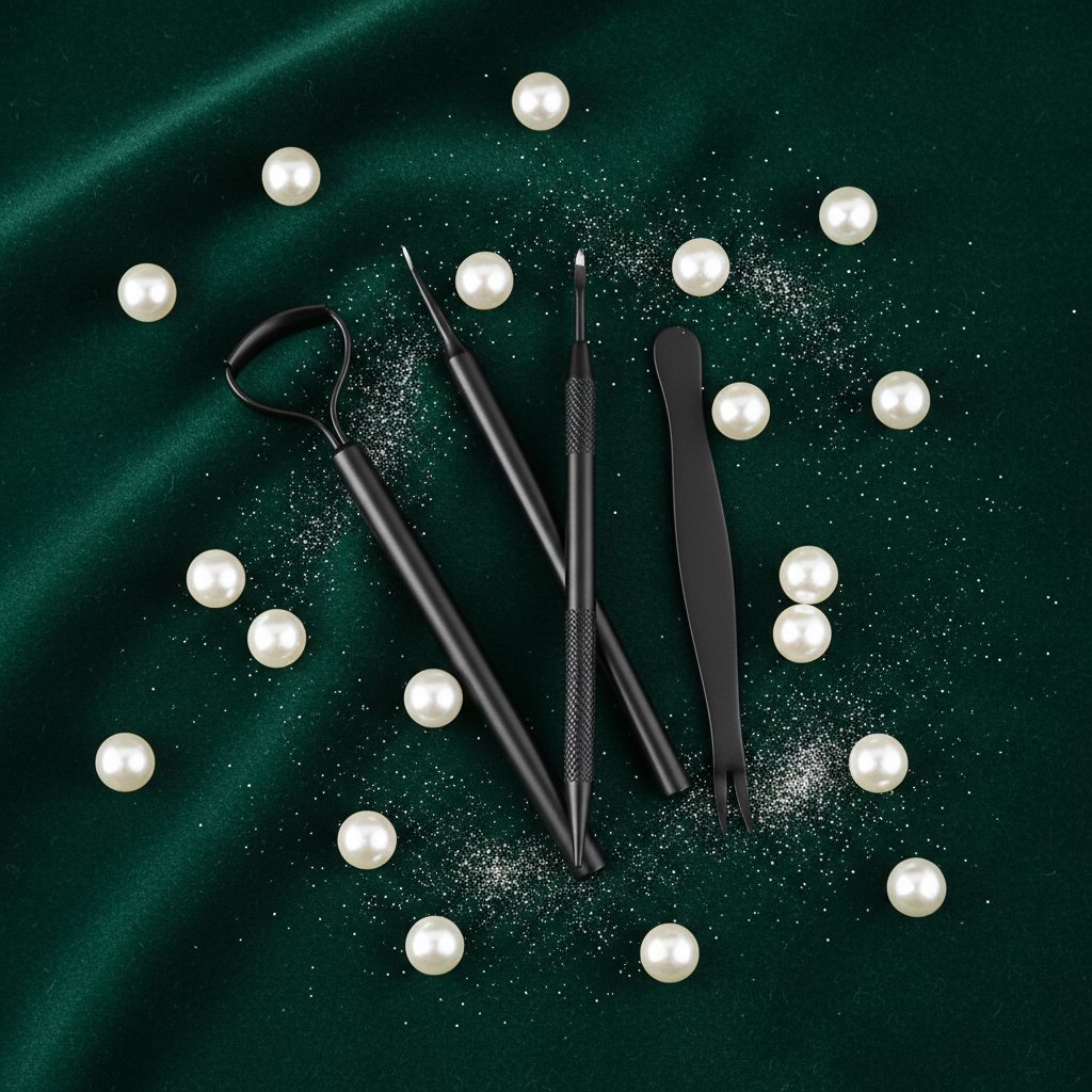 Skincare tools on emerald green velvet with pearls