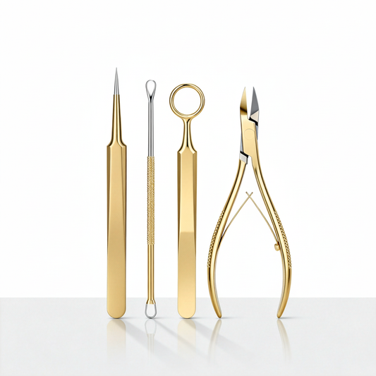 Gold nail and blackhead tool set on pure white background