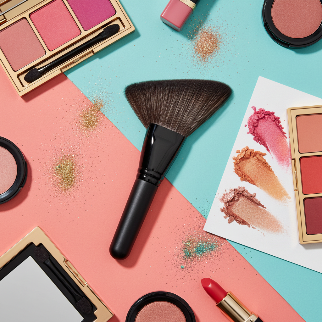 Pro Angled Fan Brush – colorful blush palette flatlay